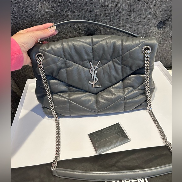 Yves Saint Laurent Handbags - YSL Quilted Leather Puffer Shoulder Bag in Gray with silver chain strap